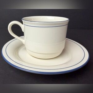 Lenox Chinastone "Blue Pinstripes" Flat Cup & Saucer (Discontinued pattern)